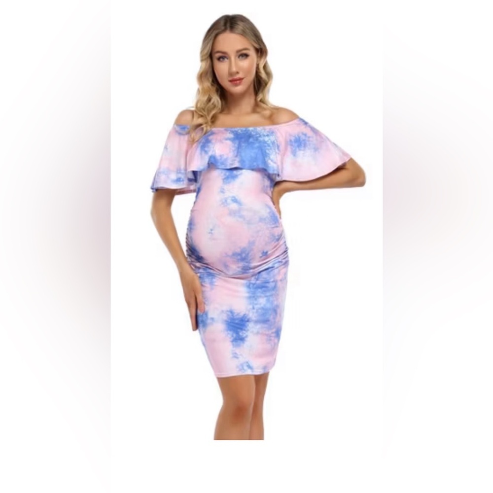 Off-Shoulder Tie-Dye Maternity Dress in Pink and Blue